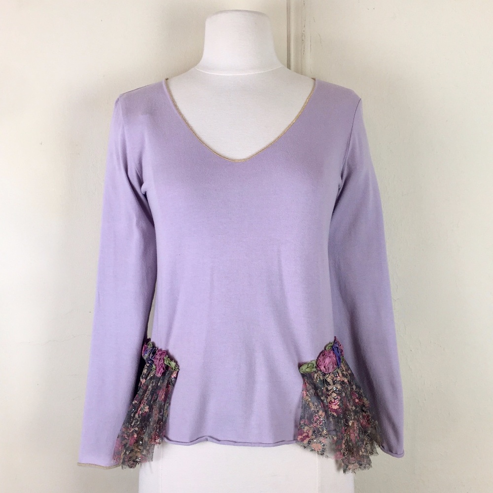 Anna Sui Lavender Top w Silk Floral Side Ruffles P